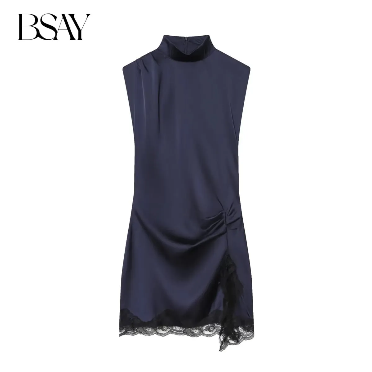 Satin dresses women's clothing fashion back zip hem lace patchwork slit sexy nightclub mini dress chic French Evening — image 2