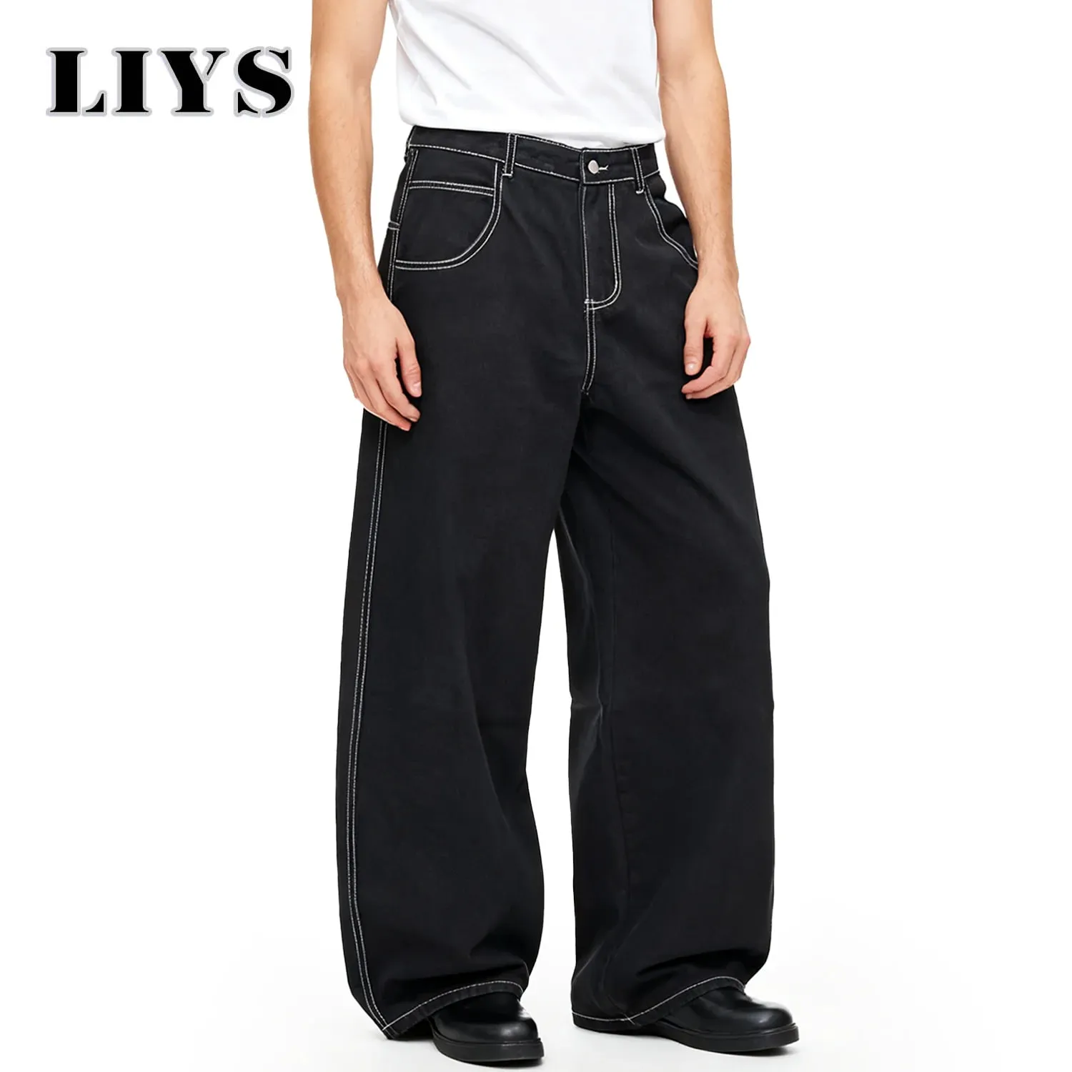 Spring Summer Men's Retro Black Baggy Wide Leg Jeans American Basic Unisex Daily Casual Denim Pants Women's Black Stacked Jeans — image 4