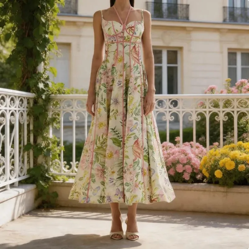Women's Retro Floral Print Corset Maxi Dress Sexy Sleeveless Halter Neck Flowy Long Dress Lady Summer Vacation Dating Streetwear — image 3