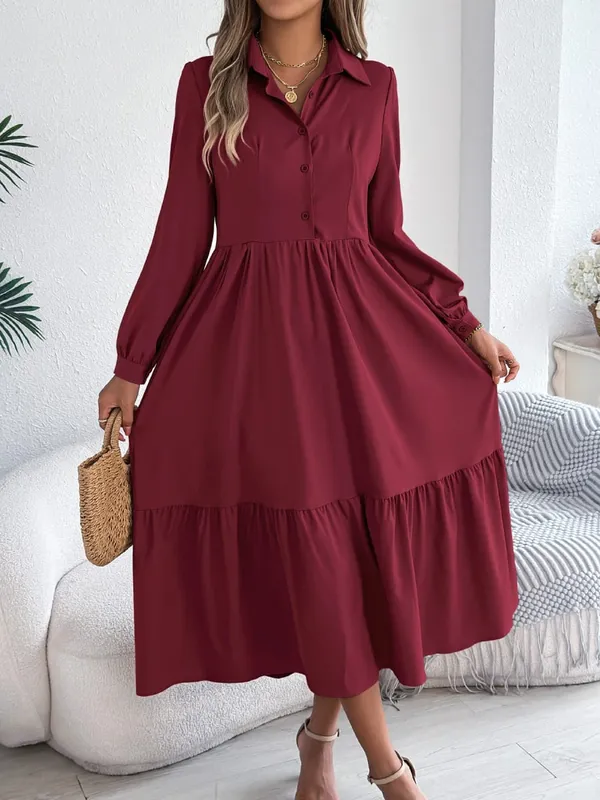 Women Fall Elegance Lapel Collar Button Front Shirt Dress Ruffle Trim Solid Midi Long Sleeve Wedding Dresses — image 6