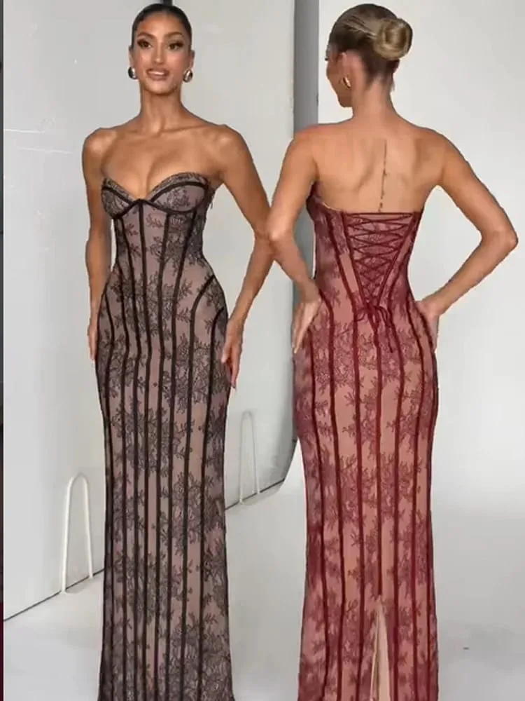 Chic Gauze Fishbone Strapless Dress Women Backless Off-shoulder Waist Cinching Slim Maxi Vestidos 2026 Lady Evening Party Gowns