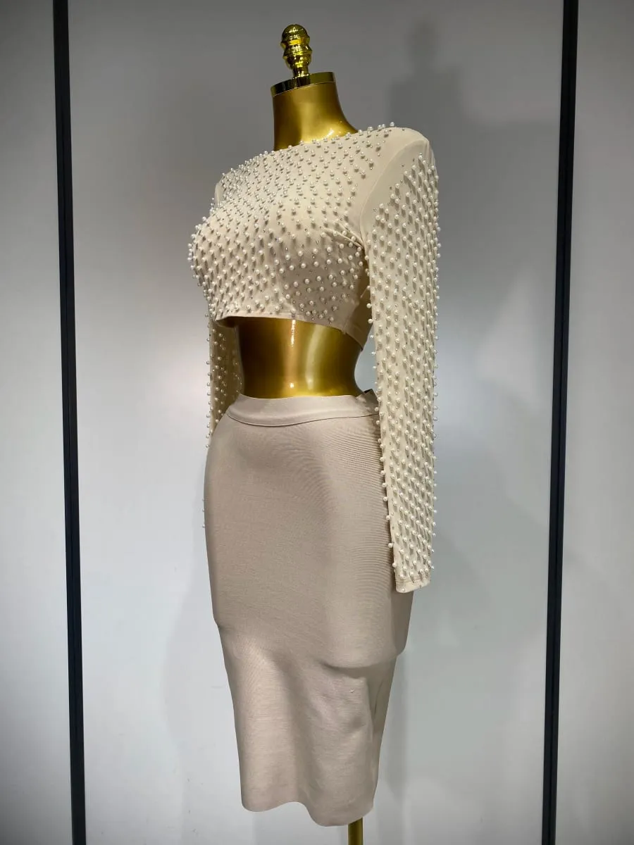 Vrouwen Sexy Lange Mouw Mesh Parel Top Celebrity Midi Vrouwen Bandage Set 2025 Designer Avondfeest Luxe Verjaardag Tweedelige Set — image 2