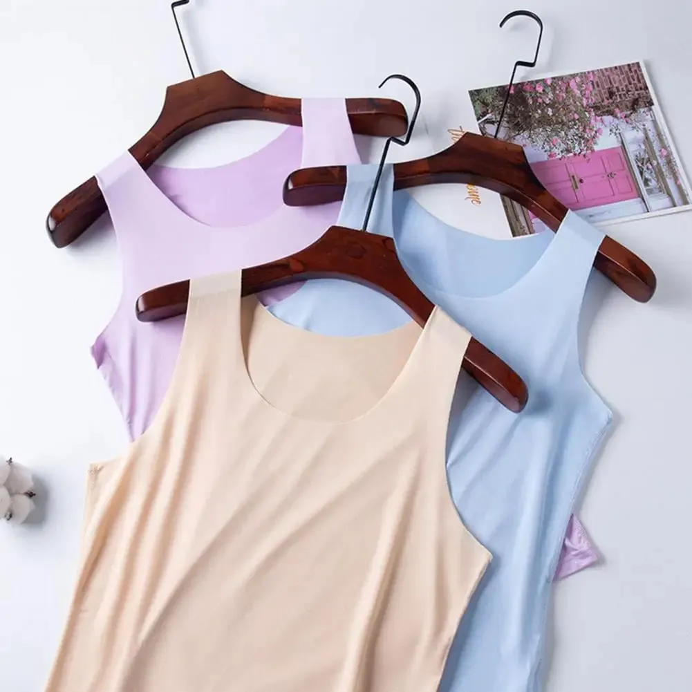 Women Bottoming Vest Ice Silk Seamless Sleeveless Pure Color Plus Size Stretchy Round Neck Dry Dry Cooling Camisole Basic Top 80 — image 5