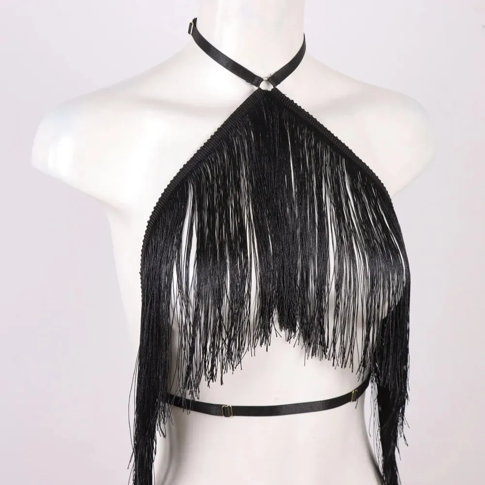 Women'S Black Tassel Halter Top-Adjustable Elastic Harness All-Season Wear Casual Attire Top Tassel Detail Top