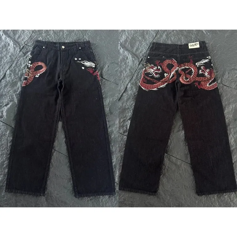 New DERSCHUTZE Unisex Jeans Loose Straight Leg Denim Pants Big Chinese Dragon Embroidery Retro Washed Black Street Trousers — image 13