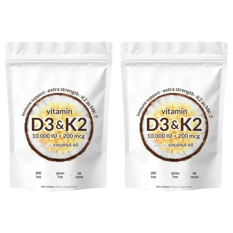 Vitamin D3 K2 Softgels with MK-7 and Coconut Oil 10 000 IU + 200 Mcg Adult Bone and Immune Wellness Support 180 Mini Softgels — image 8