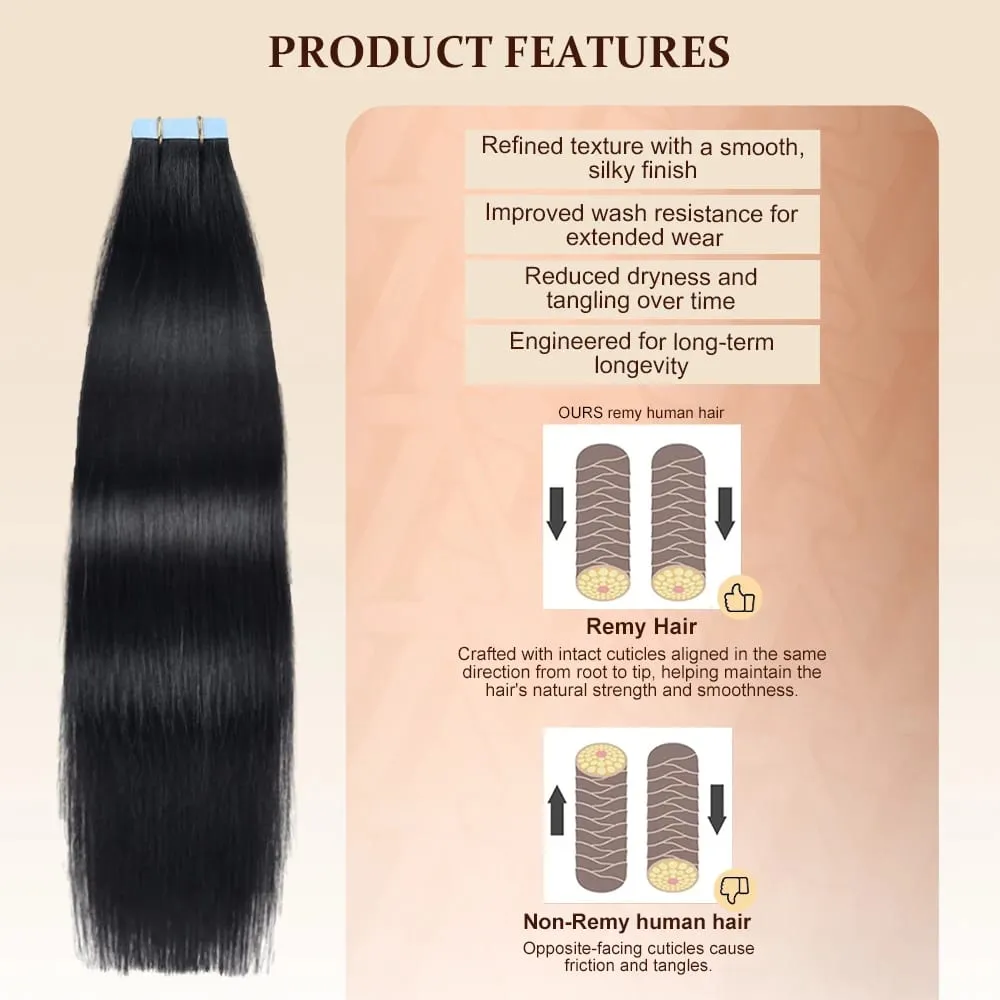 Straight Tape In Human Hair Extensions 16-26 inches 100% Natural Real Invisible Adhesive Tape ins For Women — image 2