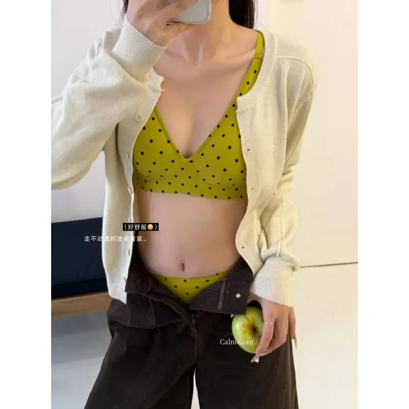 American Retro Polka Dot Bra Seamless Deep V Wireless Jelly Support Anti Sagging Lingerie Set Sexy Comfort MOYISU Sexy Bra Set — image 6
