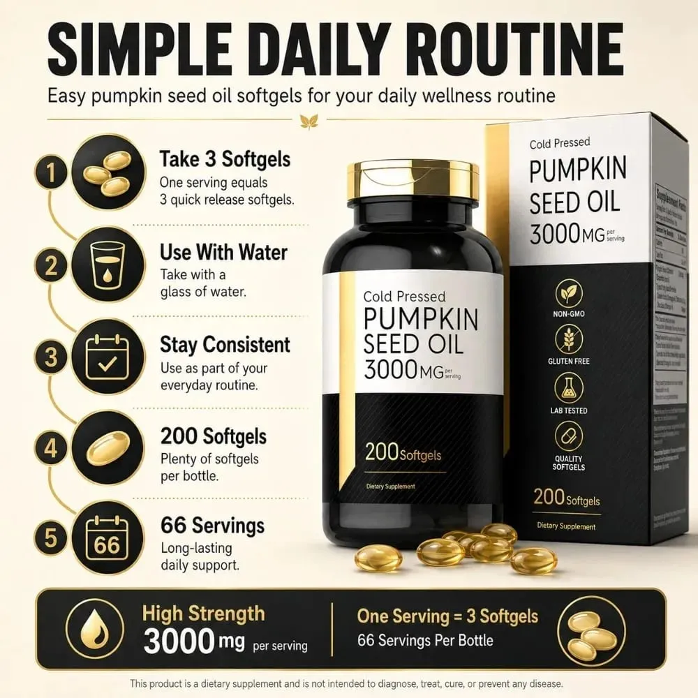 Cold Pressed Pumpkin Seed Oil Softgels 3000mg Omega 6 & 9 Dietary Supplement for Men Women Wellness Quick Release 200 Count — image 3