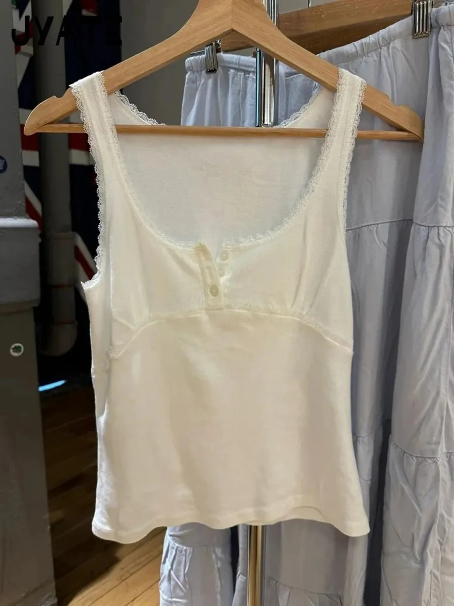 Sweet Lace Patchwork Slim Tank Tops Women Summer White Sexy Simple Cotton Soft Sleeveless Vests Female Vintage Chic Y2K Camisole — image 12