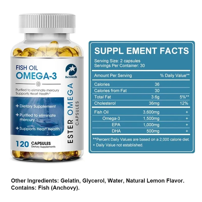 Kexinsh 120 Fischölkapseln 3600 mg Omega-3, reich an DHA EPA, unterstützen die Gesundheit von Haut, Augen, Herz, Gehirn und Immunsystem