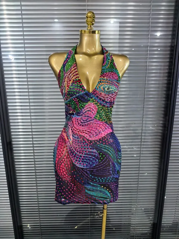 Blue Color Women Sexy Halter Backless Shinning Chain Bodycon Mini Dress Celebrate Nightclub Party Performance Costume Stage Wear — image 2