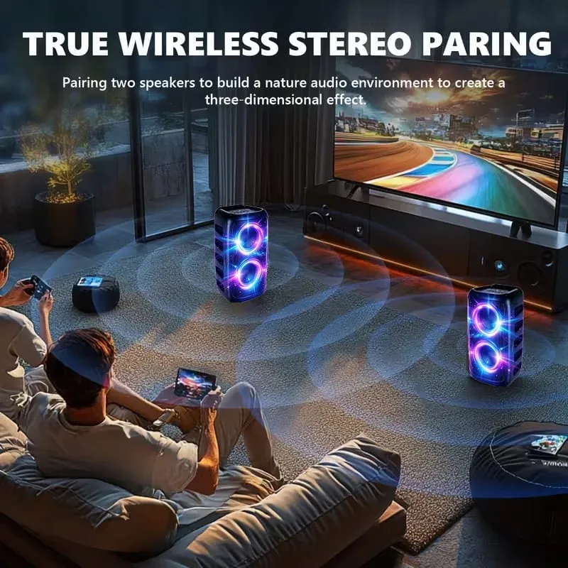 مكبر صوت بلوتوث احترافي كبير 9900 هرتز مع ميكروفون بتصميم محمول يتميز بمصابيح LED لصندوق حفلات مضخم الصوت متوافق مع وظائف BT/USB/TF/AUX/FM/TWS/MIC/EQ الاحترافية للكاريوكي. هدية مثالية لأعياد الميلاد والكريسماس ورأس السنة الجديدة — image 6