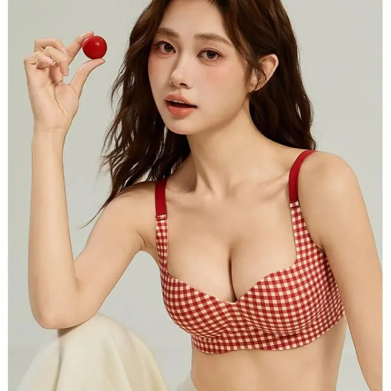 Seamless One-Piece Plaid Bra Set Gathers Small Breasts Makes Them Look Bigger Lifts Comfortable Wireless Underwear Set