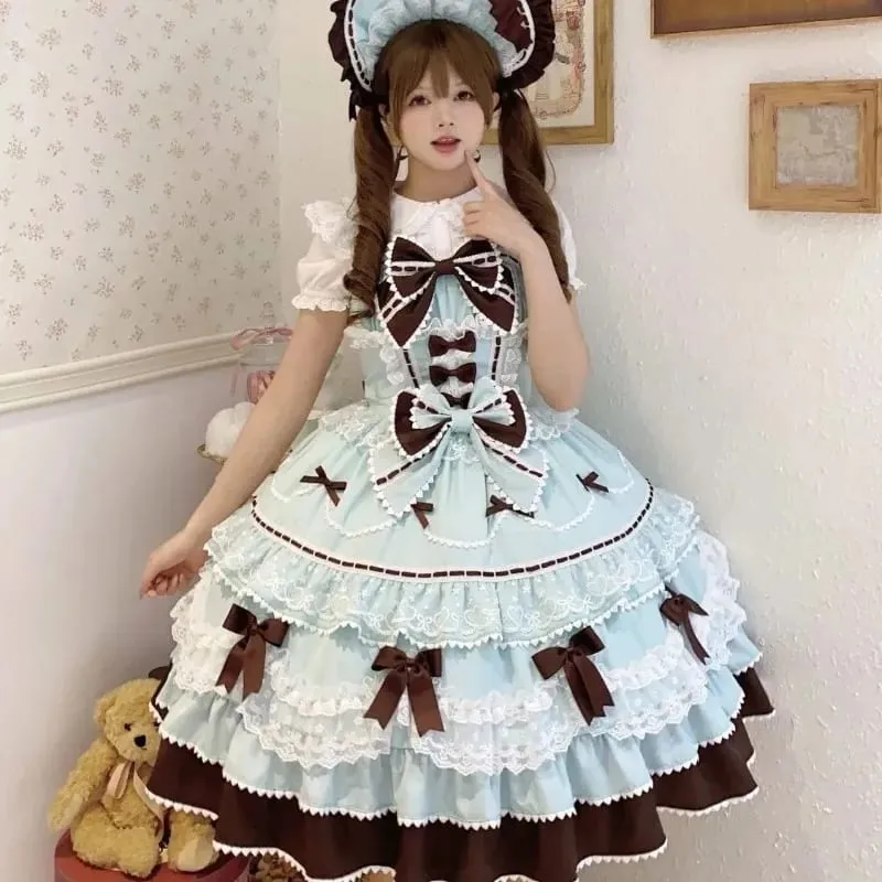 Y2K Sweet Lolita Jks Strap Dress Women Solid Ruffle Lace Bow Patchwork Kawaii Princess Ball Gown Knee-Length Elegant Party — image 3
