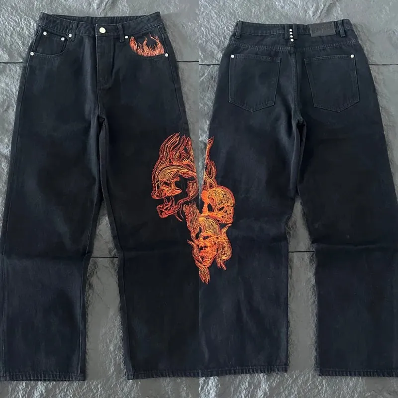 New DERSCHUTZE Unisex Jeans Loose Straight Leg Denim Pants Big Chinese Dragon Embroidery Retro Washed Black Street Trousers — image 11