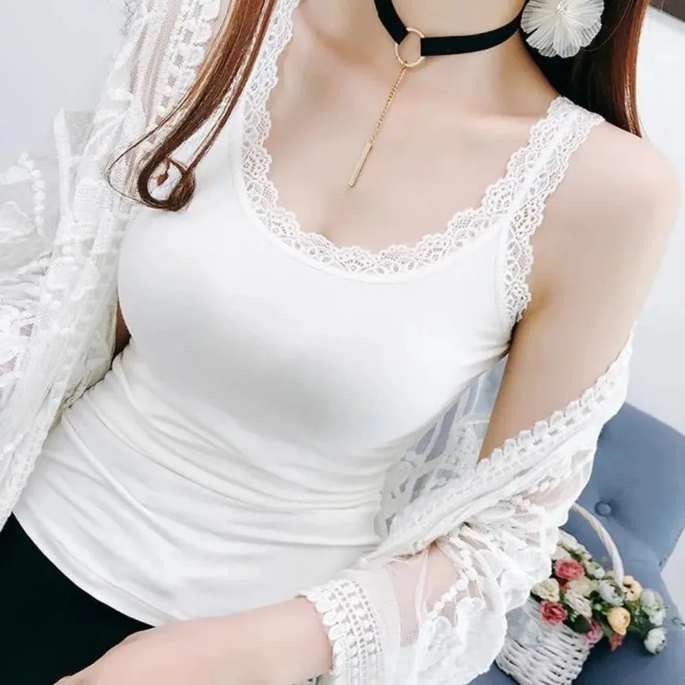 Casual U Neck Summer Tank Tops Sleeveless Slim Fitted Tops With Lace Underwear Cami Top Shirt for Women — image 4