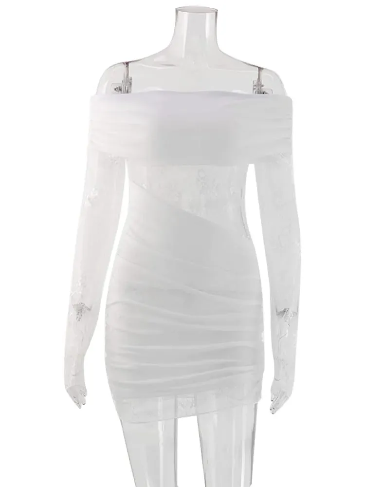 Slash Neck Lace Patchwork Hip Wrap Women Dresses Long Sleeve Sheath Fashion Party Outfits Solid Chic Hot Girl Sexy Club — image 6