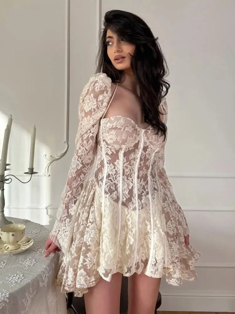 Sexy Lace Lace-up Fishbone Mini Dress Women's Backless Full Sleeve See Through A-line Vestido 2026 Lady Evening Party Gowns — image 4