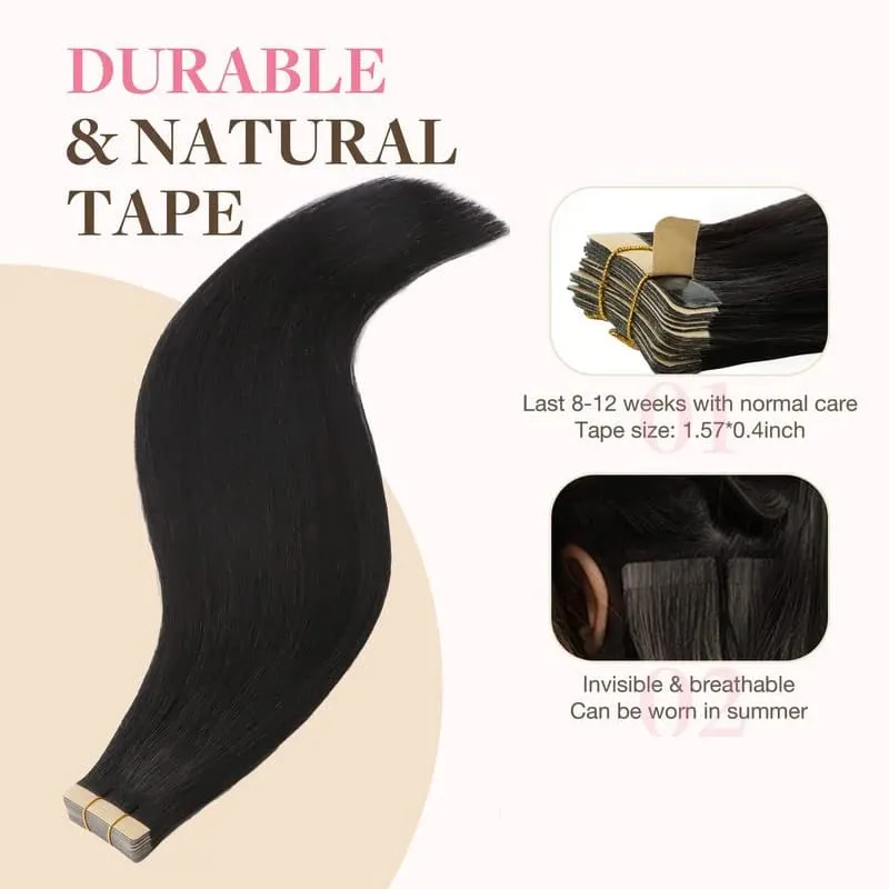 Straight Tape in Hair Extensions Human Hair Natural Black 20 Inch 50g 20pcs Skin Weft Seamless Tape in Real Remy Straight Hair for Women — image 4