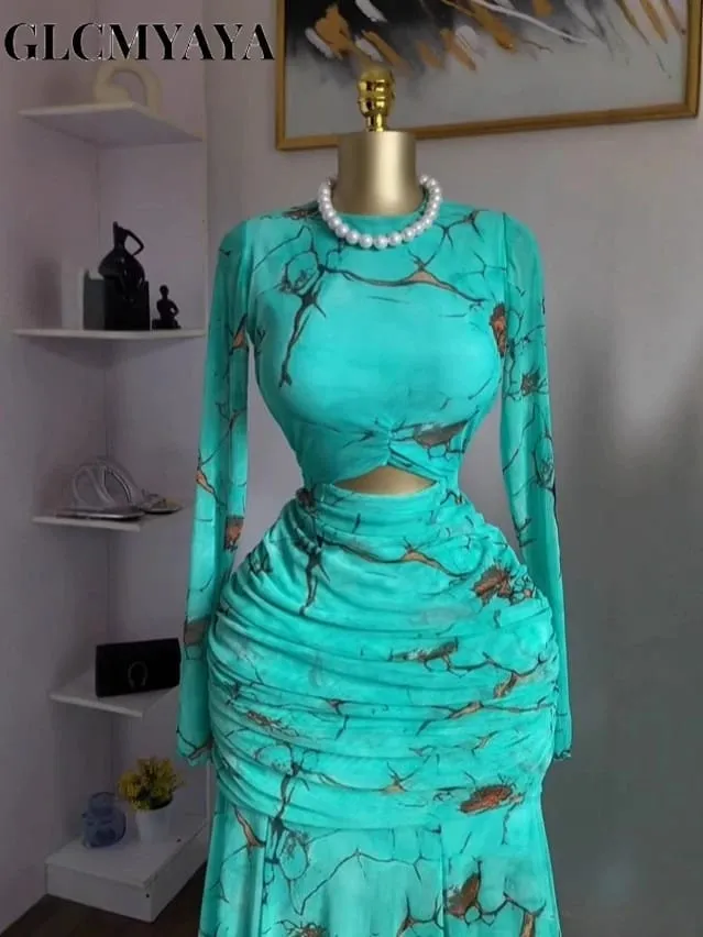 2025 Fall Women O-neck Long Sleeve Print Mermaid Maxi Dress 2025 Evening Birthday Beach Sexy Night Party Long Dresses — image 4