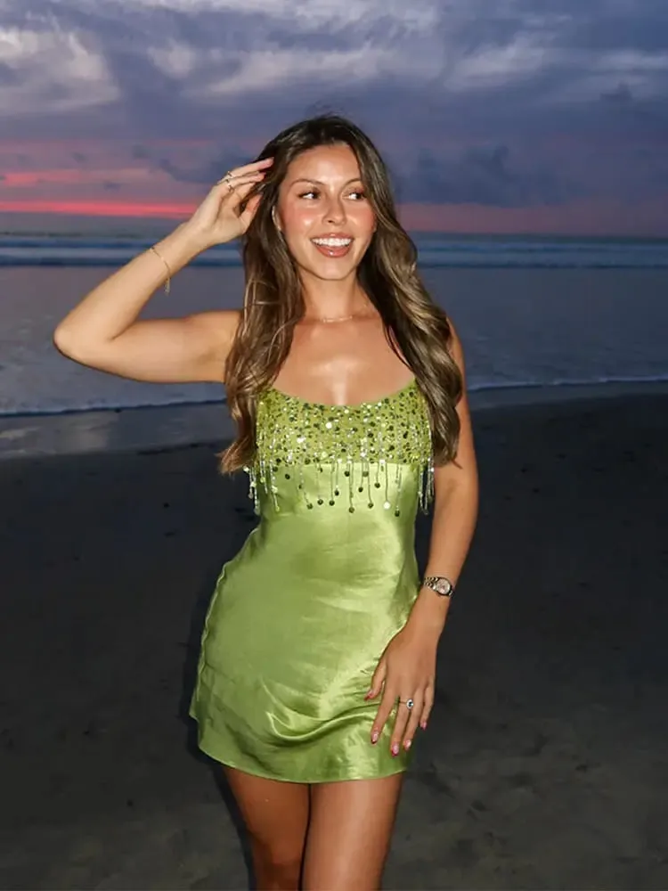 Fashion Sequin Fringe Mini Dress Sexy Spaghetti Strap Satin Slip Dresses Cocktail Party Club Vestido 2026 New Y2k Women Clothing — image 3