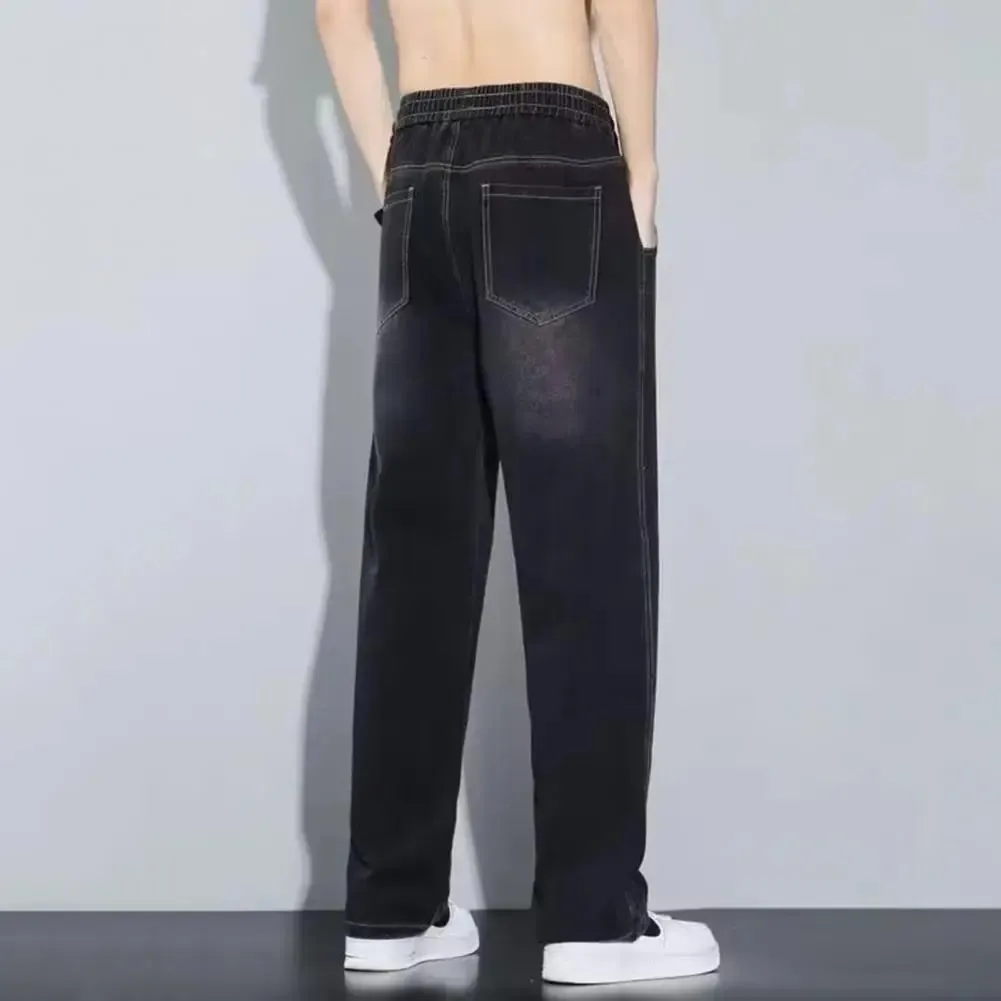 Non-deformed Men Gradient Color Jeans Versatile Men's Elastic Waist Denim Pants Adjustable Drawstring Solid Color for Casual