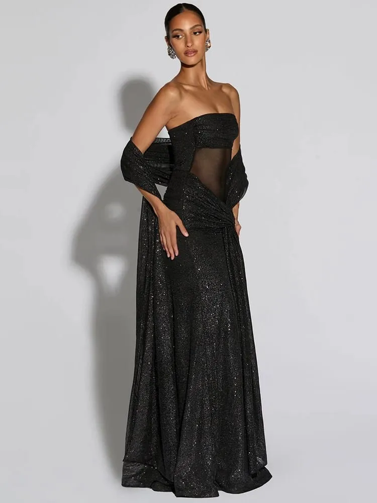 Mozision Sparkle Strapless Draped Sexy Maxi Dress Women Elegant Off-shoulder Sleeveless Backless Ruched Club Party Long Dress — image 2