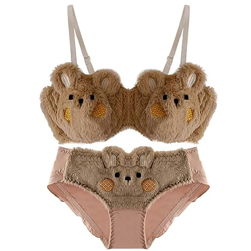 New Design Gathered Padded Bra and Panty Set Warm Polyester Anime Cozy Warm Lingerie Cotton Adorable Fuzzy Lingerie — image 7