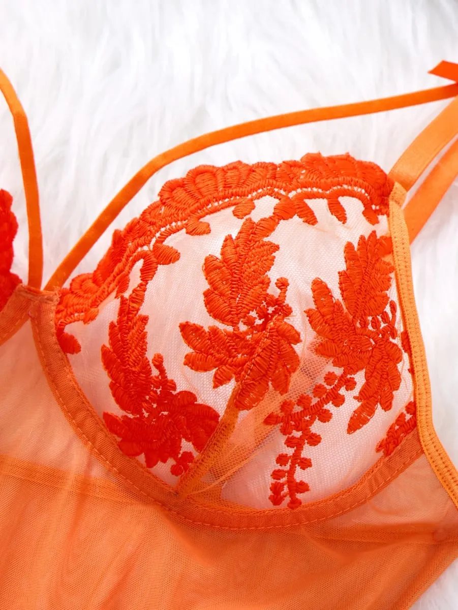 Women Orange Floral Embroidery Babydoll Nightgown Bow Strap Sheer Mesh Sleep Dress With Matching Thong Lingerie Set ZA825066 — image 3