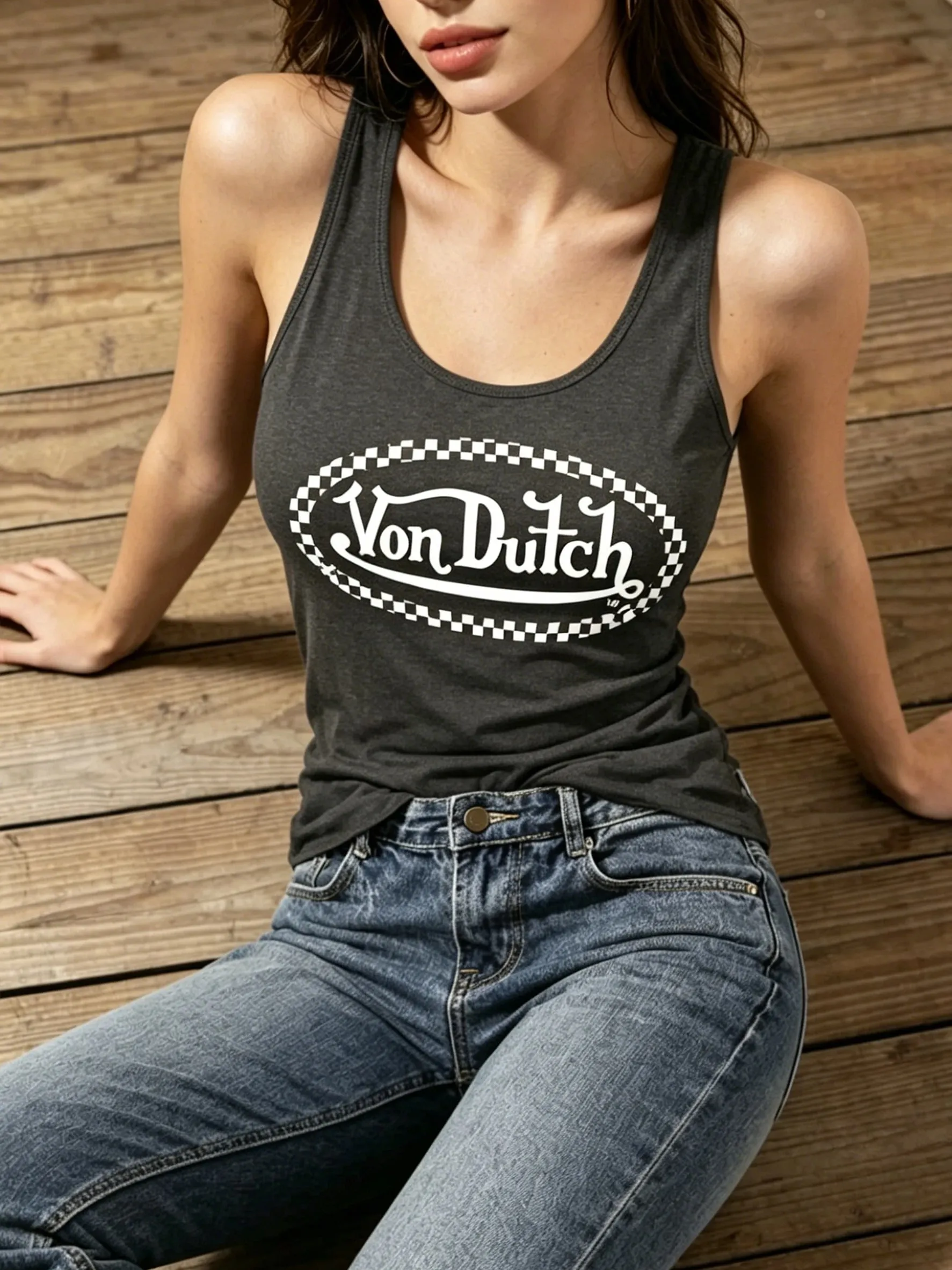 Women's Y2K American Street Retro-Style Checkered Border Printed Casual Tank Top for Summer Sports Use — image 3