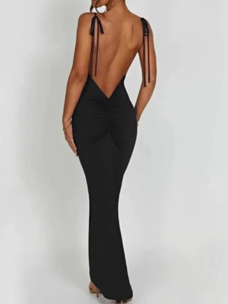 Elegante abito lungo slim senza schienale con apertura profonda sul retro Abito lungo da donna con cinturino per spaghetti senza maniche aderente Abito lungo sexy da club — image 2
