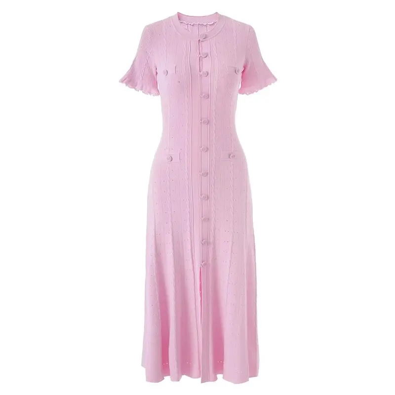 Vintage Cable Knit Midi Dress Button Front Ruffled Short Sleeve Pocket Design Elegant Party Casual Knitted Dress