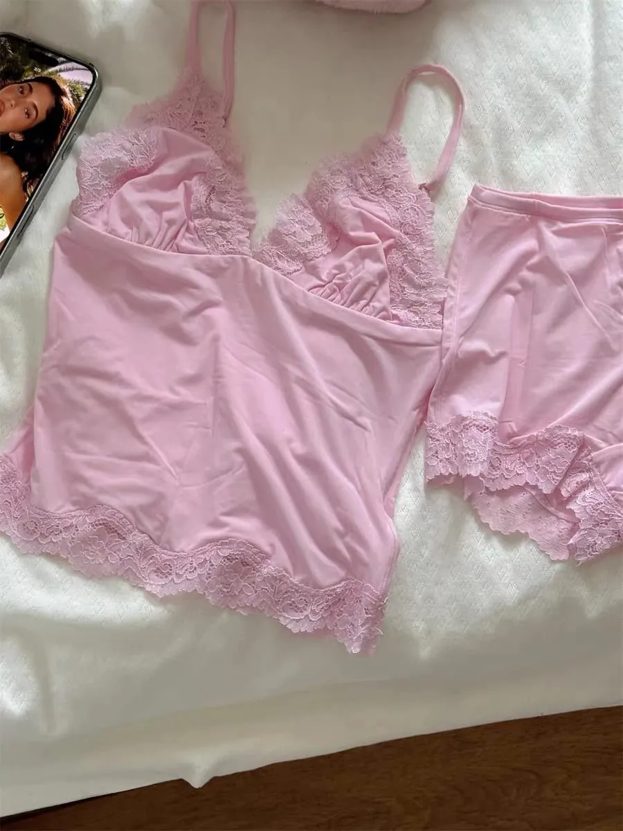 Pink Lace Trim Bra Sets Woman Sexy Triangular Cup Seamless Bras+Low Waist Boxer Briefs Solid Soft Comfort Underwear 2 Piece Set — image 4