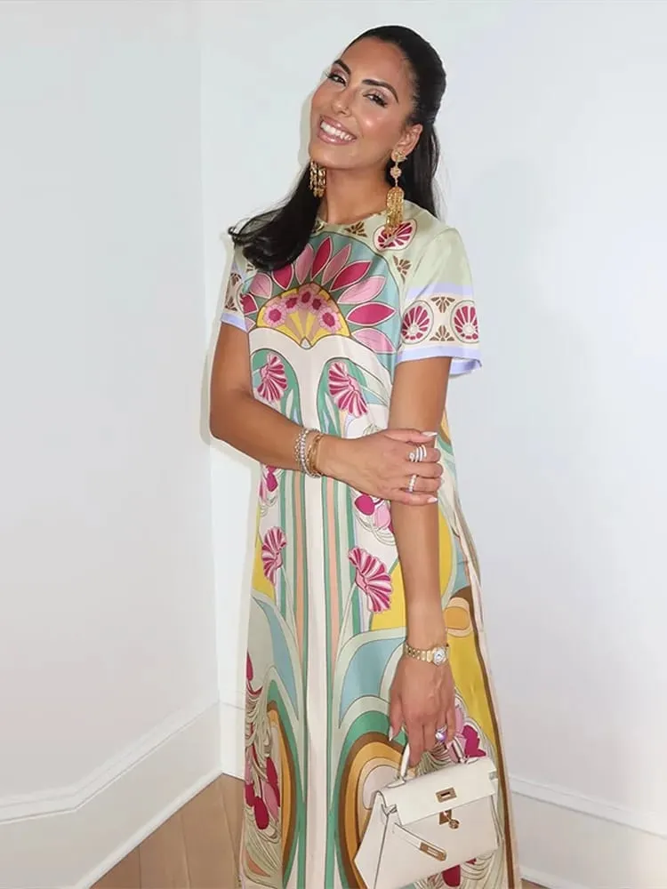 Printed Spliced Feather Tassel Hem Dress Half Sleeve O-neck Loose Maxi Dresses 2026 Summer Fashion Elegant Party Women Outwear — image 1