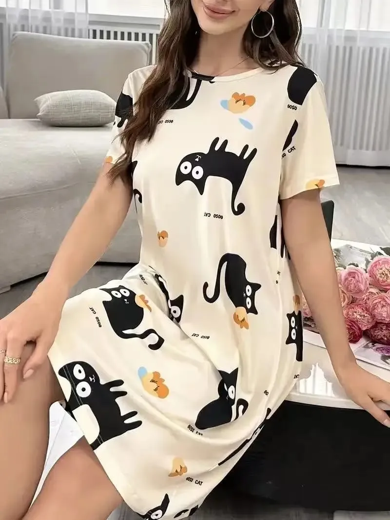 Women's Spring and Summer Cartoon Cat and Letter Print Pajamas Short-Sleeved Round Neck Dress — image 4