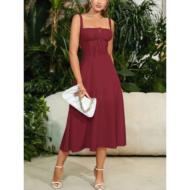 New Summer Fashion Women's Dresses Solid Square Neck Cami Ruched Corset Waist Midi A-Line skirts Elegant Summer Party Dress Y2K — image 3