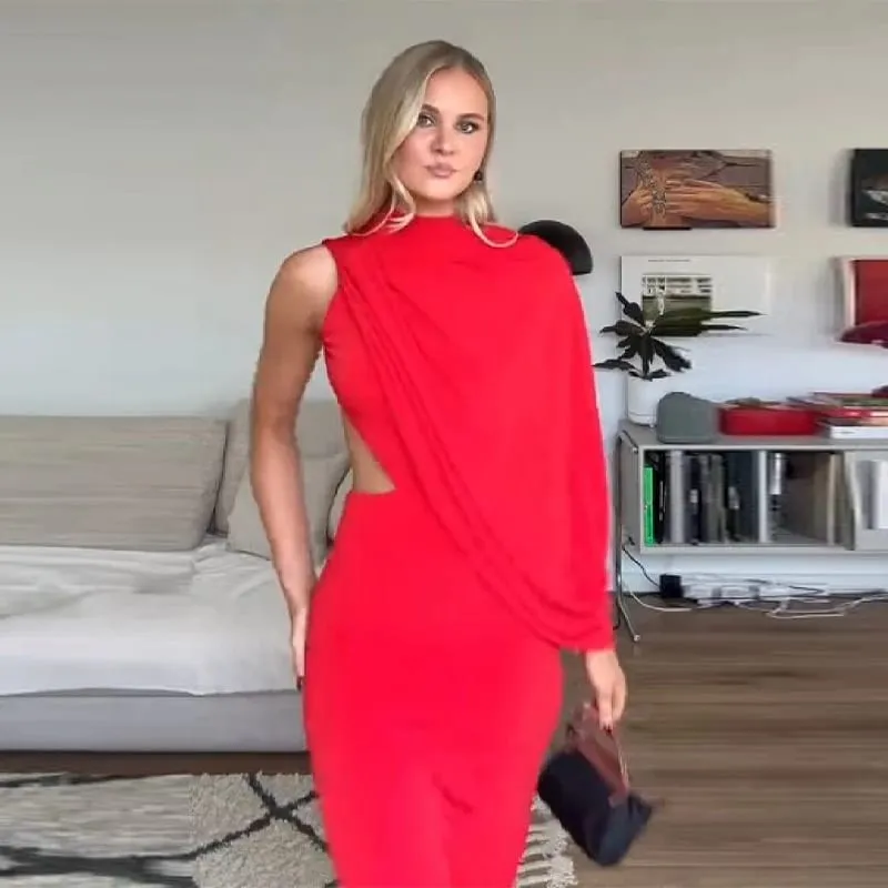 Vestido largo rojo asimétrico drapeado sin espalda, vestido de noche ajustado con cuello alto y un hombro para mujer, fiesta Formal — image 3