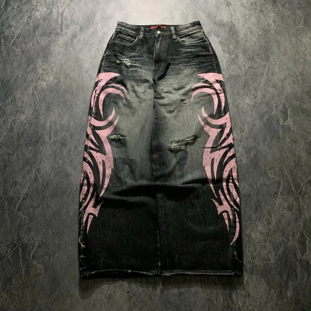 Men's Mottled Totem Print Jeans American Style Old Washed Wide Leg Retro Loose Fashion Trend Wide Leg Jeans Goth Pant Y2K Unisex