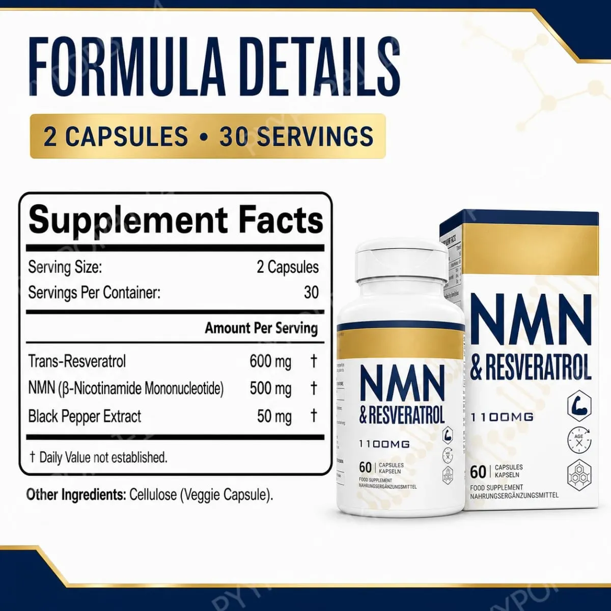 NMN+Resveratrol 60 Capsules Powerful Antioxidant Supplement for Heart Health & Anti-Aging Enhanced with Black Pepper Extract — image 2