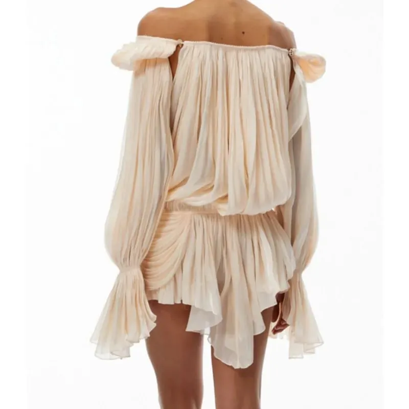 Satin Off Shoulder Pleated Mini Dress for Women Fashion Puff Sleeve Cinched Waist Prom Party Skirt 2026 NEW Summer Lady Dresses — image 6