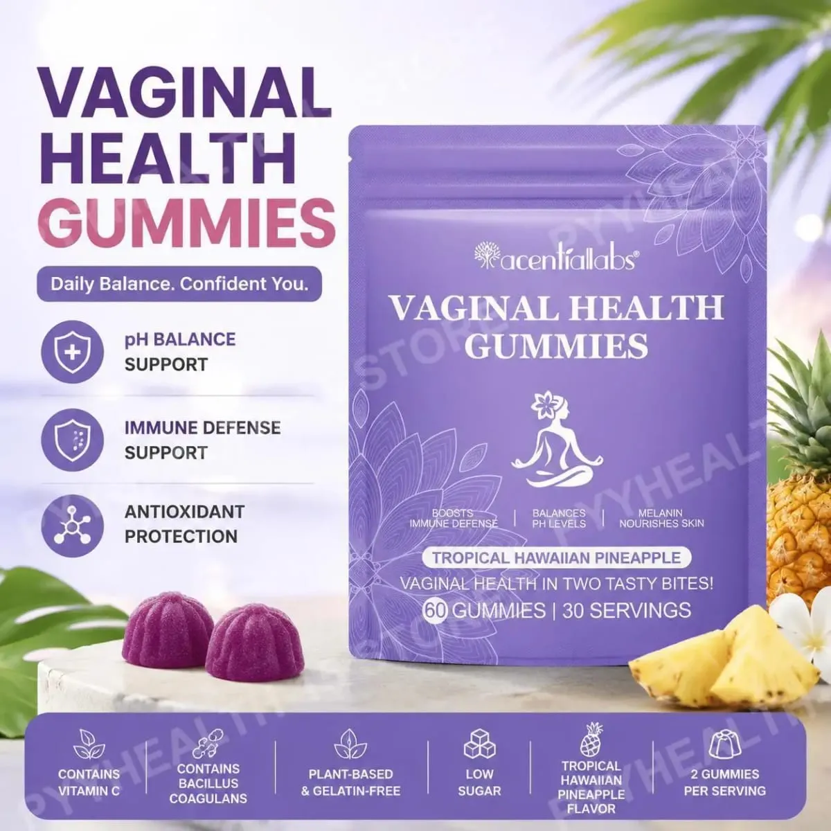 Vaginal Health Gummies PH Balance Support with Vitamin C and Pineapple Fruit Powder Gelatin-Free Daily Wellness 60 Gummies — image 1