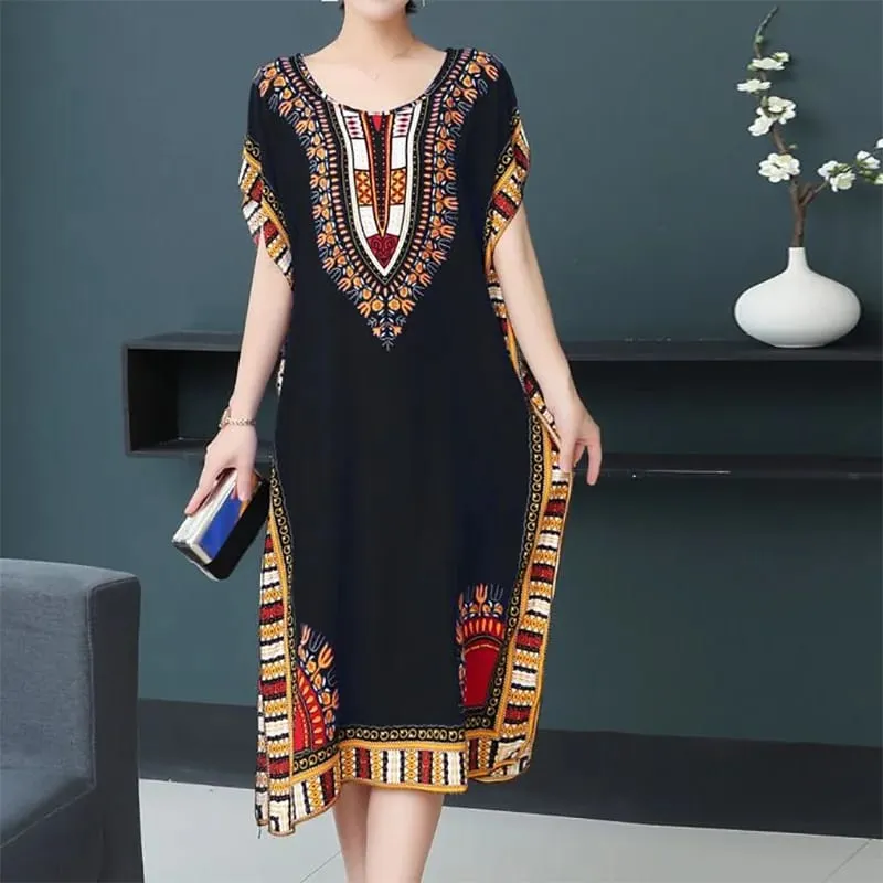 Boho Holiday Women V-Neck Batswing Short Sleeve A-Line Midi Dresses Slim Elastic Waist Casual Vintage Office Lady Elegance Dress
