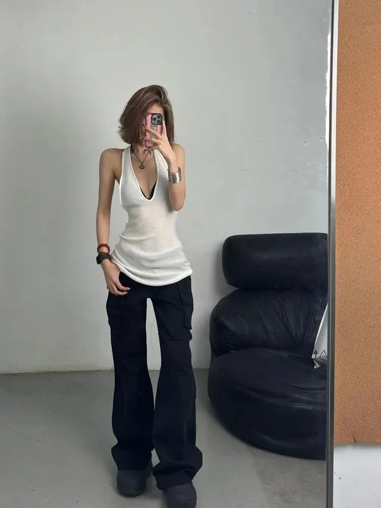 Sexy Hot Girl V-neck Knitted Halter Top for Women in Summer New Style for Outerwear Backless White Sports Slim Fit Top Trendy — image 7