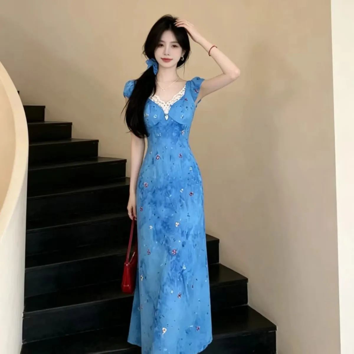 Elegant Blue Lace Splice Beach Vacation Style Tea Break Dress High Waist A-Line Skirt Short Sleeve V-Neck Commute Korean Style — image 3