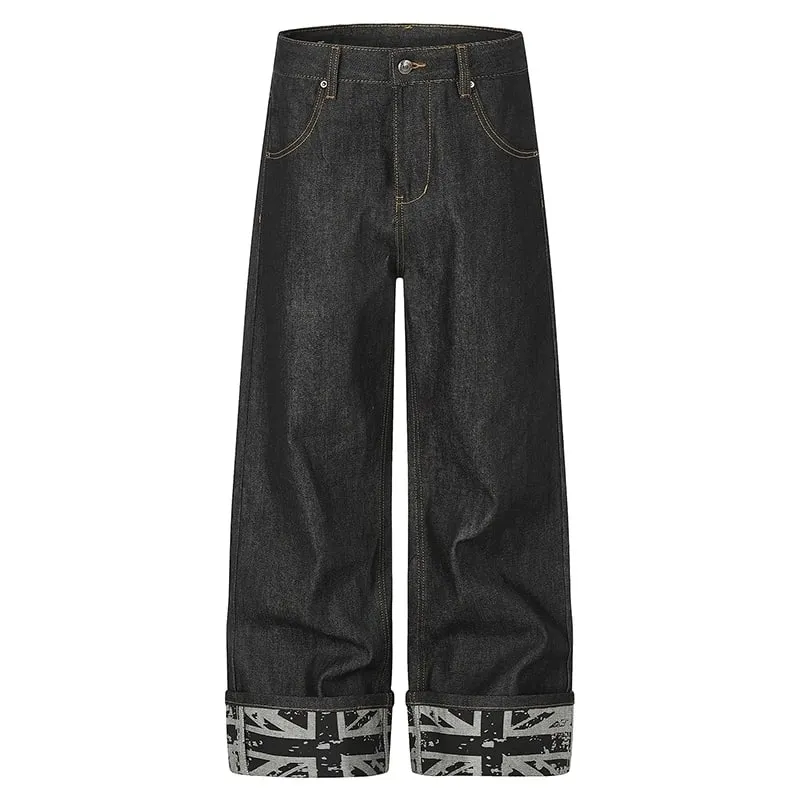 Men Raw Denim Wide‑Leg Jeans Rivet Decor Back Pockets Cuffed Hem Print Punk Streetwear Straight Long Pants 9X4317 — image 2