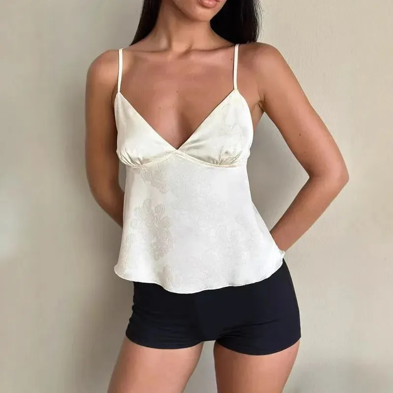Women Satin Camisole Sexy Deep V Crop Top Fashion Streetwear Camis Summer Slim Casual Tank Top Sleeveless Backless Spaghetti Top — image 2