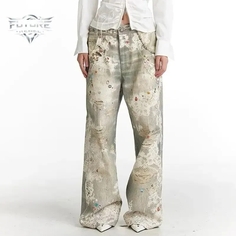 Mens Jeans Vintage Digital Print Distressed Denim Pants Harajuku Unisex Straight Leg Loose Fit Casual Streetwear Fashion Trend — image 2