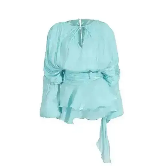 2026 Nieuwe Zomer Mode Vrouwen Kleding Ronde Hals Lantaarn Mouwen Satijnen Korte Jurk Met Shorts Onder Twee Delige Set — image 12