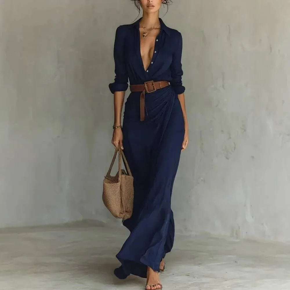 2025 New Autumn Woman Sexy Deep V Neck Hollow Long Dress Elegant Solid Belted Irregular Party Long Sleeve Slim Casual Dresses — image 4